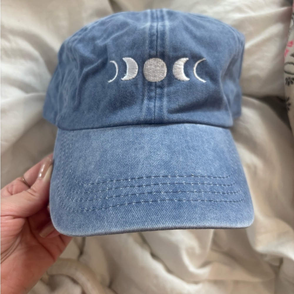 Blue Denim Cap with Moon Phases Embroidery